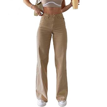 Women's High Waist Jeans Casual Denim Pants Button Zip Closure Pockets Trousers