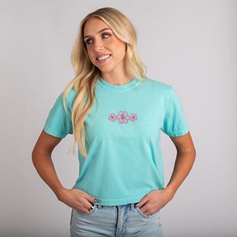 Hibiscus Row Pink - Women's Boxy Crop Top Graphic T-Shirt