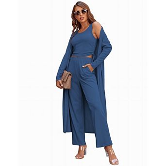 Ekouaer Women's 3 pc Knit Lounge Set Pajama Long Sleeve Cardigan Sleeveless Top Pants
