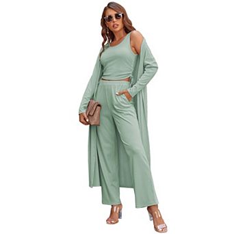 Ekouaer Women's 3 pc Knit Lounge Set Pajama Long Sleeve Cardigan Sleeveless Top Pants