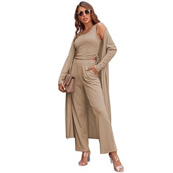 Ekouaer Women's 3 pc Knit Lounge Set Pajama Long Sleeve Cardigan Sleeveless Top Pants