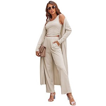 Ekouaer Women's 3 pc Knit Lounge Set Pajama Long Sleeve Cardigan Sleeveless Top Pants