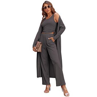 Ekouaer Women's 3 pc Knit Lounge Set Pajama Long Sleeve Cardigan Sleeveless Top Pants