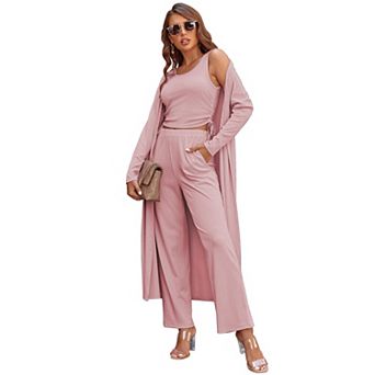 Ekouaer Women's 3 pc Knit Lounge Set Pajama Long Sleeve Cardigan Sleeveless Top Pants