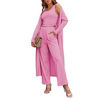 Ekouaer Women's 3 pc Knit Lounge Set Pajama Long Sleeve Cardigan Sleeveless Top Pants