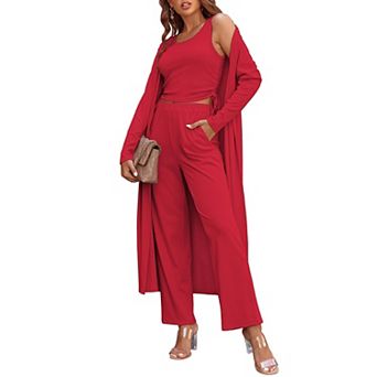 Ekouaer Women's 3 pc Knit Lounge Set Pajama Long Sleeve Cardigan Sleeveless Top Pants