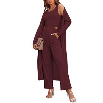 Ekouaer Women's 3 pc Knit Lounge Set Pajama Long Sleeve Cardigan Sleeveless Top Pants