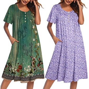 Ekouaer Two Pack House Dresses for Women Short Sleeve Moomoo Nightgown Mumu Dress Lounge Dress