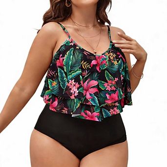 Women's Plus Size Print Tankini Set High Waisted Ruffle Two Piece Swimsuit