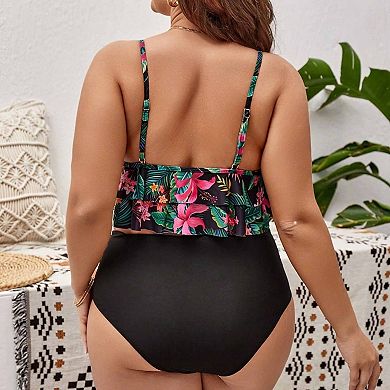 Women's Plus Size Print Tankini Set High Waisted Ruffle Two Piece Swimsuit