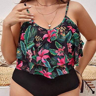 Women's Plus Size Print Tankini Set High Waisted Ruffle Two Piece Swimsuit
