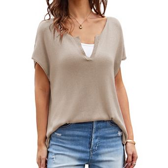 Women's Knit Sweater Summer Casual Dolman Short Sleeve Shirt V Neck Side Slit Top Loose Boho Blouse