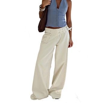 Women's Baggy Pants Adjustable Waisted Wide Leg Vintage Straight Loose Trousers