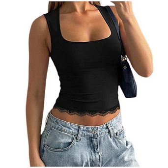 Women Lace Camisole V Neck Wide Strap Soft Ribbed Tank Tops