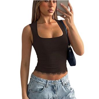 Women Lace Camisole V Neck Wide Strap Soft Ribbed Tank Tops