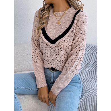 Women's Lightweight Long Sleeve Crewneck Crochet Sweaters Color Block Casual Trendy Pullover Tops