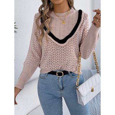 Women's Lightweight Long Sleeve Crewneck Crochet Sweaters Color Block Casual Trendy Pullover Tops