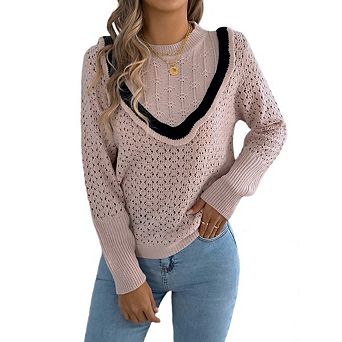 Women's Lightweight Long Sleeve Crewneck Crochet Sweaters Color Block Casual Trendy Pullover Tops