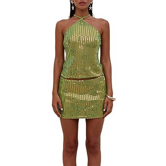 Women's Sequin Two Piece Set with Crop Top and Mini Skirt