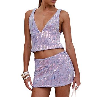 Women's Sequin Two Piece Set with Crop Top and Mini Skirt