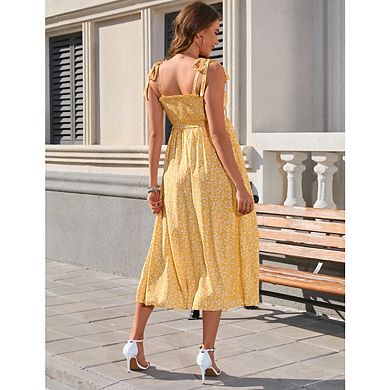 Womens Maternity Sleeveless Smocked Square Neck Ruffle Casual Boho Midi Dress