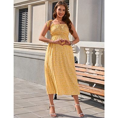Womens Maternity Sleeveless Smocked Square Neck Ruffle Casual Boho Midi Dress