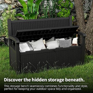 EFU 80 Gallon Storage Bench with Lockable Lid, Weatherproof Resin Patio Seat for Outdoors