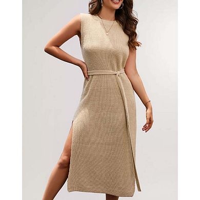 Seoria Round Neck Sleeveless Midi Dress with Belt and Side Slit
