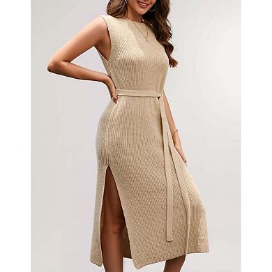 Seoria Round Neck Sleeveless Midi Dress with Belt and Side Slit