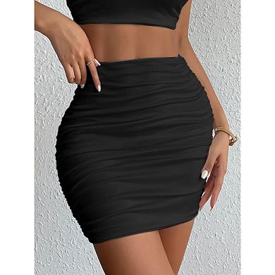 Women Ruched Bodycon Mini Skirt High Waisted Pencil Skirt