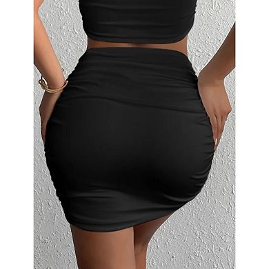 Women Ruched Bodycon Mini Skirt High Waisted Pencil Skirt