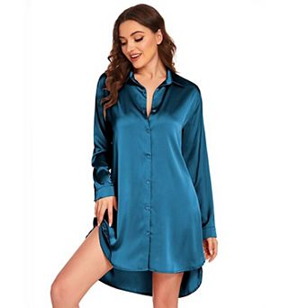Ekouaer Silk Nightgown for Women Button Down Night Shirt Sleepwear V Neck Long Sleeve Sleepshirts