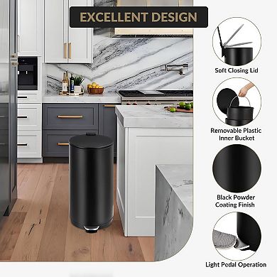 8 Gallon Round Trash Can with Soft-Close Lid and Foot Pedal Compact Kitchen Trash Can