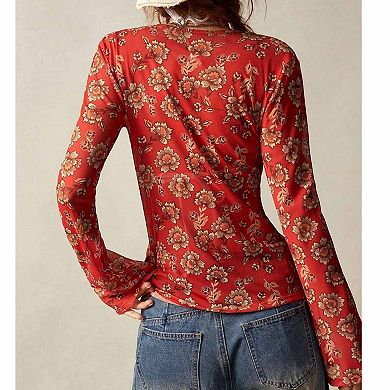 Women's Vintage Floral Sheer Button-Down Blouse Slim-Fit Long-Sleeve Top