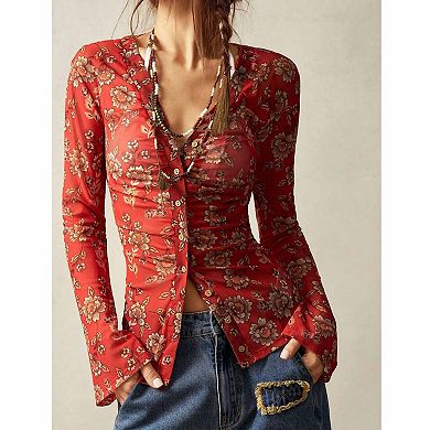 Women's Vintage Floral Sheer Button-Down Blouse Slim-Fit Long-Sleeve Top
