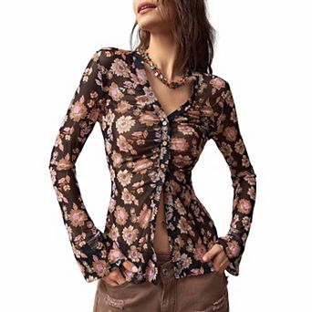 Women's Vintage Floral Sheer Button-Down Blouse Slim-Fit Long-Sleeve Top