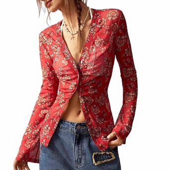Women's Vintage Floral Sheer Button-Down Blouse Slim-Fit Long-Sleeve Top