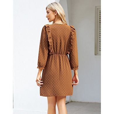 Women's Elegant Button Clothes V Neck Long Sleeve Short Dress Swiss Dot Boho Shoulder Ruffle Dress