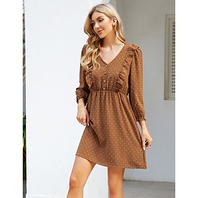 Women's Elegant Button Clothes V Neck Long Sleeve Short Dress Swiss Dot Boho Shoulder Ruffle Dress