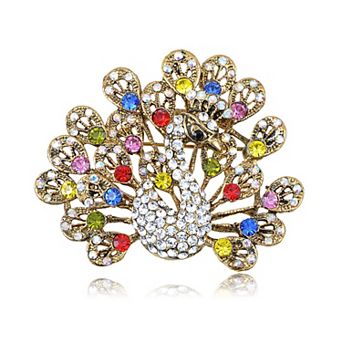Womens Gold Silver Multicolored Rhinestones Colorful Peacock Bird Brooch Pin