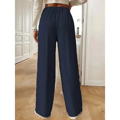 Womens Wide Leg Straight Elastic High Waisted Double Button Business Casual Pants with Pockets