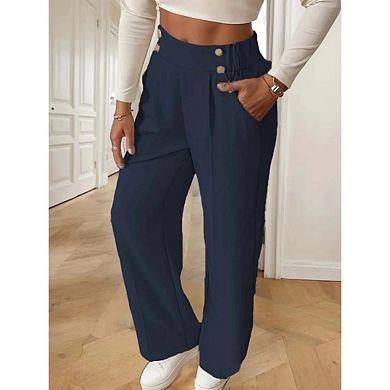 Womens Wide Leg Straight Elastic High Waisted Double Button Business Casual Pants with Pockets