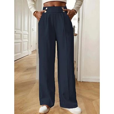 Womens Wide Leg Straight Elastic High Waisted Double Button Business Casual Pants with Pockets