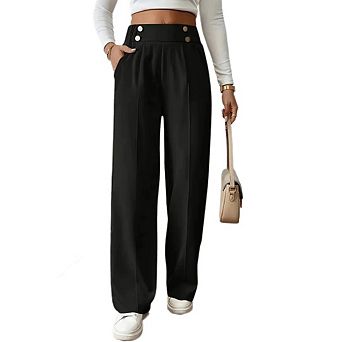 Womens Wide Leg Straight Elastic High Waisted Double Button Business Casual Pants with Pockets