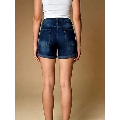 Women's Button Cuffed Hem Distressed Stretchy Casual Denim Jean Shorts