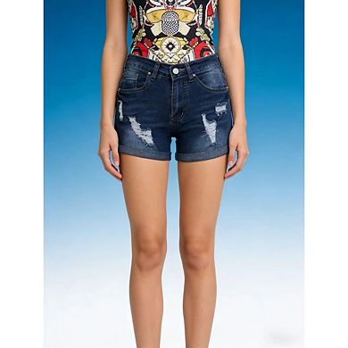 Women's Button Cuffed Hem Distressed Stretchy Casual Denim Jean Shorts