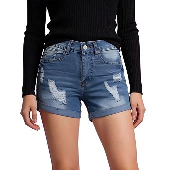 Women's Button Cuffed Hem Distressed Stretchy Casual Denim Jean Shorts