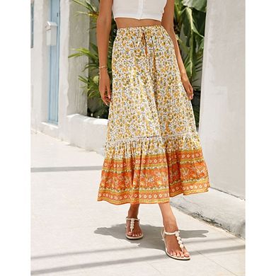Women's Boho Floral Casual Elastic High Waist Flowy A Line Beach Maxi Skirts