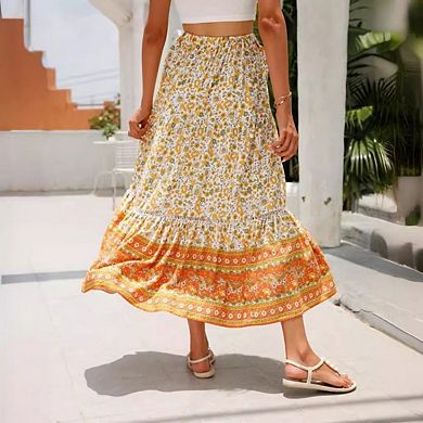 Women's Boho Floral Casual Elastic High Waist Flowy A Line Beach Maxi Skirts