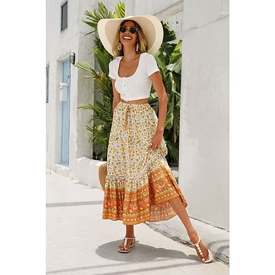 Women's Boho Floral Casual Elastic High Waist Flowy A Line Beach Maxi Skirts